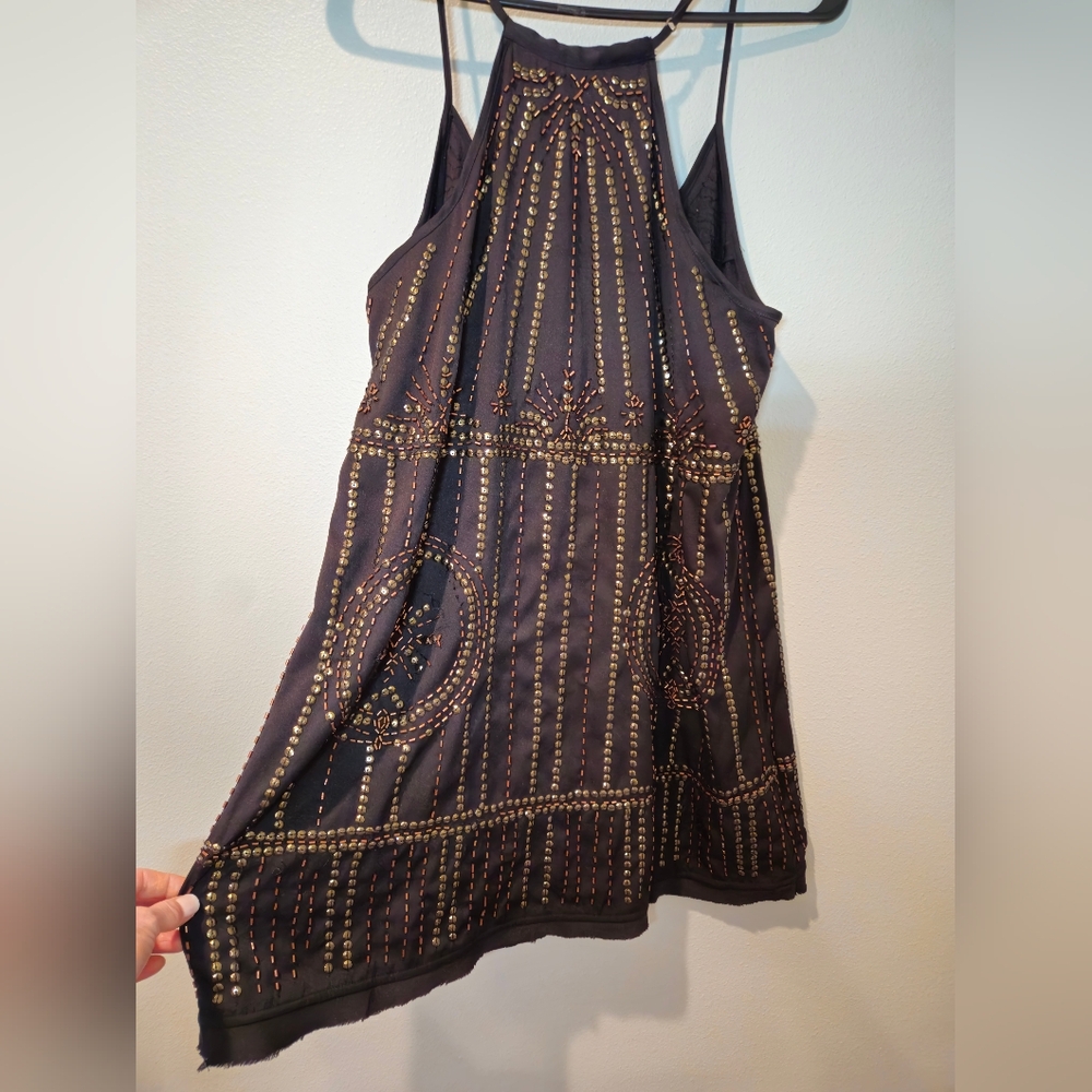 Free People Beaded Slip Dress Black Embellished Mini Tunic Size SP - Picture 8 of 12